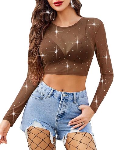 Avidlove Womens Sparkly Rhinestone Mesh Top Long Sleeve Sheer Shirt Crewneck Glitter Tops See Through Crop Top in Saudi Arabia