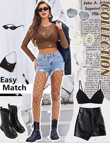 Avidlove Womens Sparkly Rhinestone Mesh Top Long Sleeve Sheer Shirt Crewneck Glitter Tops See Through Crop Top in Saudi Arabia