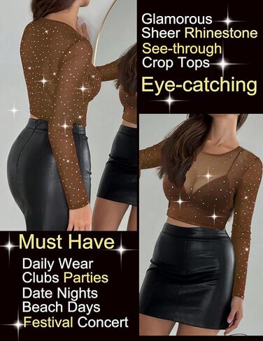 Avidlove Womens Sparkly Rhinestone Mesh Top Long Sleeve Sheer Shirt Crewneck Glitter Tops See Through Crop Top in Saudi Arabia