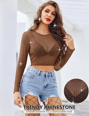 Avidlove Womens Sparkly Rhinestone Mesh Top Long Sleeve Sheer Shirt Crewneck Glitter Tops See Through Crop Top in Saudi Arabia