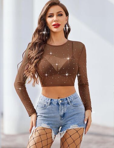 Avidlove Womens Sparkly Rhinestone Mesh Top Long Sleeve Sheer Shirt Crewneck Glitter Tops See Through Crop Top in Saudi Arabia