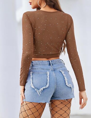 Avidlove Womens Sparkly Rhinestone Mesh Top Long Sleeve Sheer Shirt Crewneck Glitter Tops See Through Crop Top in Saudi Arabia