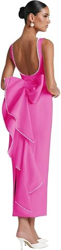 Satin Wedding Guest Dresses Midi Pearl Prom Cocktail Gown with Bow Wedding Bodycon Formal Dress HRJ64 in Saudi Arabia