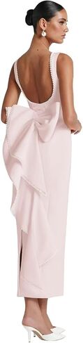 Satin Wedding Guest Dresses Midi Pearl Prom Cocktail Gown with Bow Wedding Bodycon Formal Dress HRJ64 in Saudi Arabia