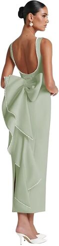 Satin Wedding Guest Dresses Midi Pearl Prom Cocktail Gown with Bow Wedding Bodycon Formal Dress HRJ64 in Saudi Arabia