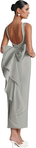 Satin Wedding Guest Dresses Midi Pearl Prom Cocktail Gown with Bow Wedding Bodycon Formal Dress HRJ64 in Saudi Arabia