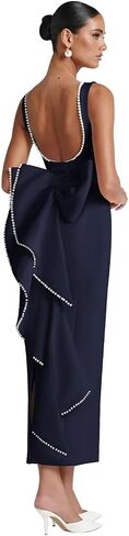 Satin Wedding Guest Dresses Midi Pearl Prom Cocktail Gown with Bow Wedding Bodycon Formal Dress HRJ64 in Saudi Arabia
