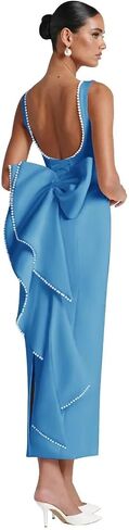 Satin Wedding Guest Dresses Midi Pearl Prom Cocktail Gown with Bow Wedding Bodycon Formal Dress HRJ64 in Saudi Arabia
