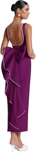 Satin Wedding Guest Dresses Midi Pearl Prom Cocktail Gown with Bow Wedding Bodycon Formal Dress HRJ64 in Saudi Arabia