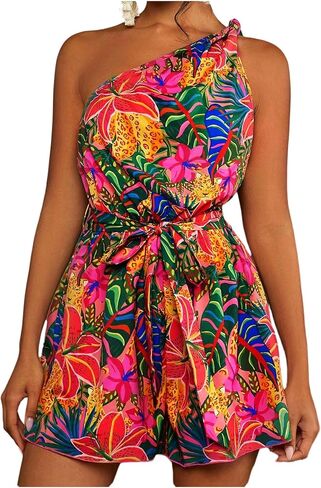 Women's Tropical One Shoulder Vacation Rompers Graphic Sleeveless Belted Shorts Jumpsuit in Saudi Arabia