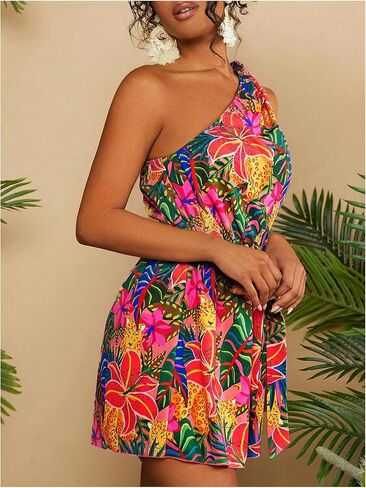 Women's Tropical One Shoulder Vacation Rompers Graphic Sleeveless Belted Shorts Jumpsuit in Saudi Arabia