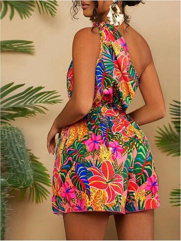 Women's Tropical One Shoulder Vacation Rompers Graphic Sleeveless Belted Shorts Jumpsuit in Saudi Arabia