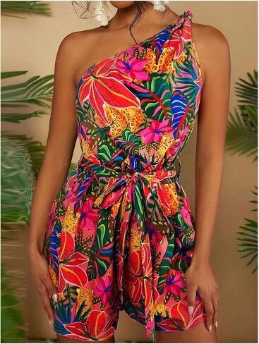 Women's Tropical One Shoulder Vacation Rompers Graphic Sleeveless Belted Shorts Jumpsuit in Saudi Arabia