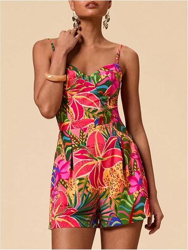 SweatyRocks Women's Spaghetti Strap Floral Print Wide Leg Romper Short Jumpsuit Summer Outfits in Saudi Arabia