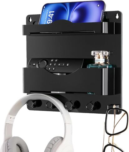 JUMEIHUI Bedside Wall Organizer with 4 Hooks,Adhesive Bedside Shelf Wall Mount,Plastic Phone Shelf,Dorm and Room Accessories,Wall Organizer for Phone,Glasses,Remote,Earphone,Kindle (White) in Kuwait