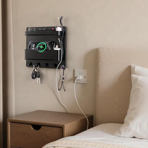 JUMEIHUI Bedside Wall Organizer with 4 Hooks,Adhesive Bedside Shelf Wall Mount,Plastic Phone Shelf,Dorm and Room Accessories,Wall Organizer for Phone,Glasses,Remote,Earphone,Kindle (White) in Kuwait