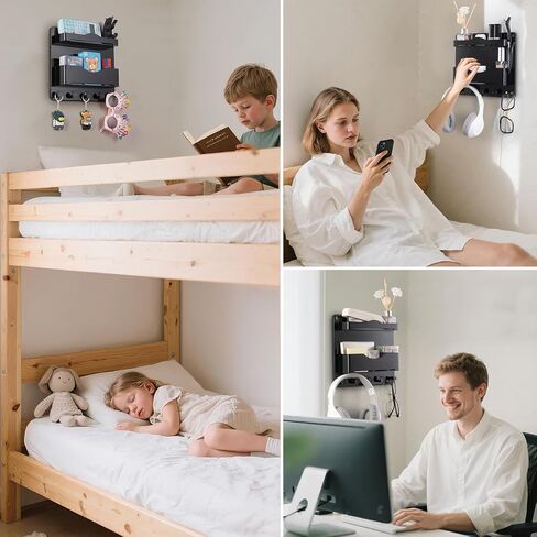 JUMEIHUI Bedside Wall Organizer with 4 Hooks,Adhesive Bedside Shelf Wall Mount,Plastic Phone Shelf,Dorm and Room Accessories,Wall Organizer for Phone,Glasses,Remote,Earphone,Kindle (White) in Kuwait