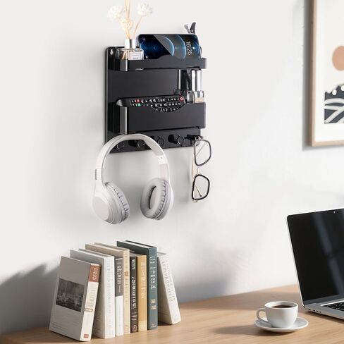 JUMEIHUI Bedside Wall Organizer with 4 Hooks,Adhesive Bedside Shelf Wall Mount,Plastic Phone Shelf,Dorm and Room Accessories,Wall Organizer for Phone,Glasses,Remote,Earphone,Kindle (White) in Kuwait