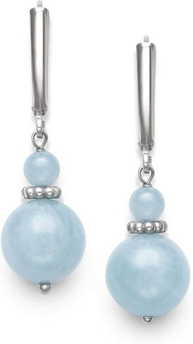Belacqua Sterling Silver Natural Round Milky Blue Aquamarine | Green Jade Gemstone Beaded Dangle Drop Earrings for Women | Length : 1.5 Inches | Leverback | Gift Box Included in Kuwait