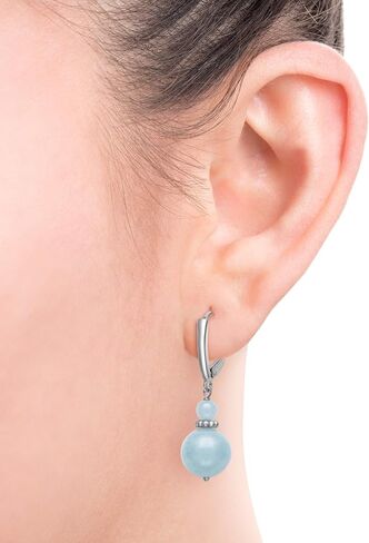 Belacqua Sterling Silver Natural Round Milky Blue Aquamarine | Green Jade Gemstone Beaded Dangle Drop Earrings for Women | Length : 1.5 Inches | Leverback | Gift Box Included in Kuwait