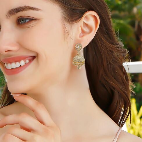 Dainty CZ Jhumki Bell Teardrop Dangle Drop Earrings for Women Silver/Gold Plated Crystal Bohemian Vintage Indian Chandelier Statement Dangling Stud Hypoallergenic Traditional Fashion Jewelry in Saudi Arabia