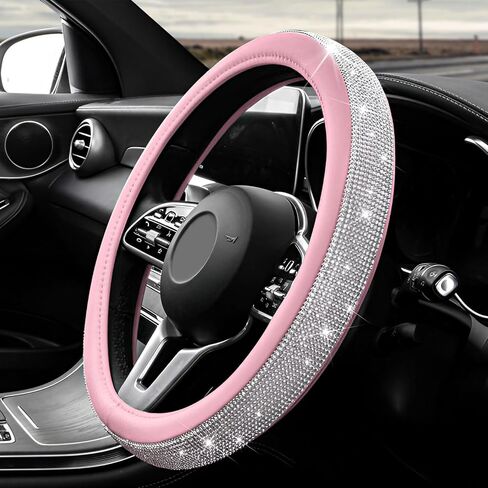 Diamond Leather Steering Wheel Cover, 15 Inch Bling Crystal Rhinestone Anti-Slip Wheel Protector, Universal Sparkling Elegant Diamond Steering Wheels Cover for Women Girl (Black) in Saudi Arabia