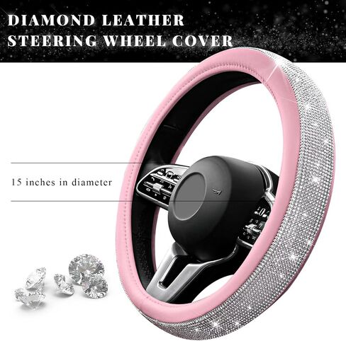Diamond Leather Steering Wheel Cover, 15 Inch Bling Crystal Rhinestone Anti-Slip Wheel Protector, Universal Sparkling Elegant Diamond Steering Wheels Cover for Women Girl (Black) in Saudi Arabia