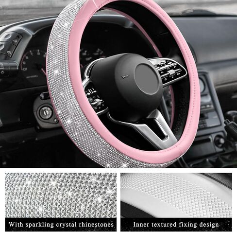Diamond Leather Steering Wheel Cover, 15 Inch Bling Crystal Rhinestone Anti-Slip Wheel Protector, Universal Sparkling Elegant Diamond Steering Wheels Cover for Women Girl (Black) in Saudi Arabia
