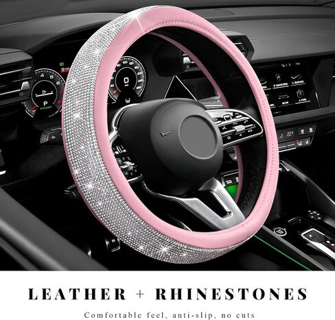 Diamond Leather Steering Wheel Cover, 15 Inch Bling Crystal Rhinestone Anti-Slip Wheel Protector, Universal Sparkling Elegant Diamond Steering Wheels Cover for Women Girl (Black) in Saudi Arabia