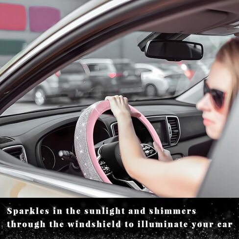 Diamond Leather Steering Wheel Cover, 15 Inch Bling Crystal Rhinestone Anti-Slip Wheel Protector, Universal Sparkling Elegant Diamond Steering Wheels Cover for Women Girl (Black) in Saudi Arabia