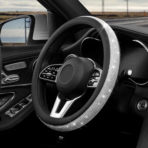 Diamond Leather Steering Wheel Cover, 15 Inch Bling Crystal Rhinestone Anti-Slip Wheel Protector, Universal Sparkling Elegant Diamond Steering Wheels Cover for Women Girl (Black) in Saudi Arabia