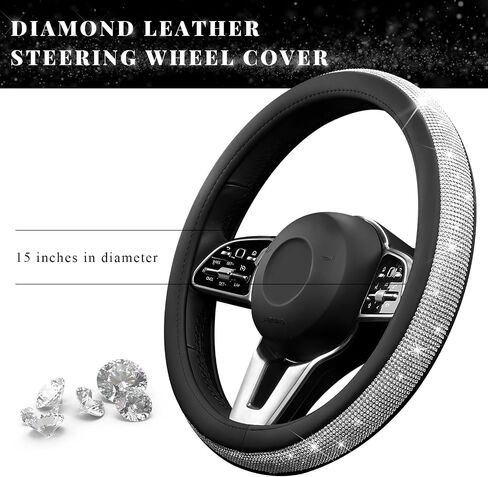 Diamond Leather Steering Wheel Cover, 15 Inch Bling Crystal Rhinestone Anti-Slip Wheel Protector, Universal Sparkling Elegant Diamond Steering Wheels Cover for Women Girl (Black) in Saudi Arabia