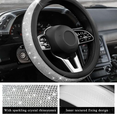 Diamond Leather Steering Wheel Cover, 15 Inch Bling Crystal Rhinestone Anti-Slip Wheel Protector, Universal Sparkling Elegant Diamond Steering Wheels Cover for Women Girl (Black) in Saudi Arabia