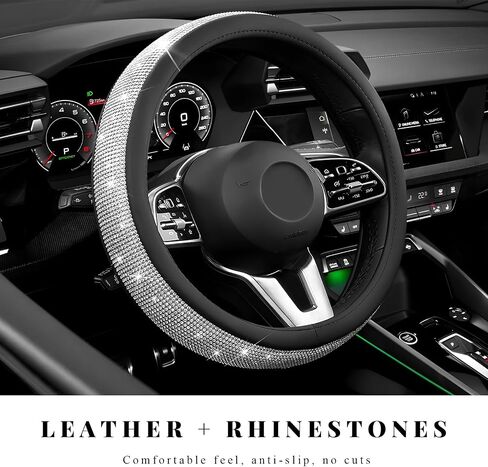 Diamond Leather Steering Wheel Cover, 15 Inch Bling Crystal Rhinestone Anti-Slip Wheel Protector, Universal Sparkling Elegant Diamond Steering Wheels Cover for Women Girl (Black) in Saudi Arabia