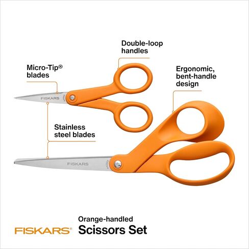 Fiskars مقص ذو تفاصيل مستقيمة بمقبض برتقالي، شفرات من الفولاذ المقاوم للصدأ، مقبض مزدوج الحلقة يمكن استخدامه بكلتا اليدين in Saudi Arabia