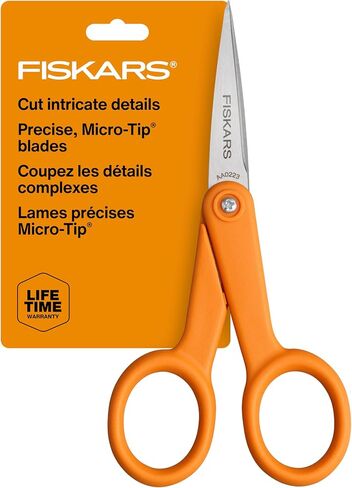 Fiskars مقص ذو تفاصيل مستقيمة بمقبض برتقالي، شفرات من الفولاذ المقاوم للصدأ، مقبض مزدوج الحلقة يمكن استخدامه بكلتا اليدين in Kuwait
