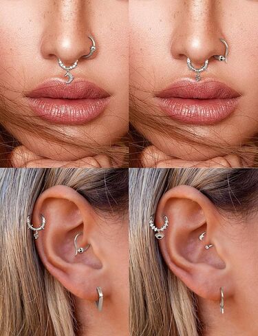 Besteel 20 Pcs Septum Rings 16G Hypoallergenic Surgical Steel Hinged Clicker Nose Rings Hoops for Women Men Cute CZ Dangle Horseshoe Lip Helix Tragus Daith Cartilage Piercing Jewelry 10MM in Kuwait