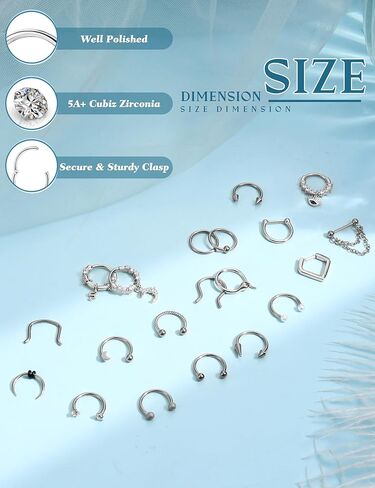 Besteel 20 Pcs Septum Rings 16G Hypoallergenic Surgical Steel Hinged Clicker Nose Rings Hoops for Women Men Cute CZ Dangle Horseshoe Lip Helix Tragus Daith Cartilage Piercing Jewelry 10MM in Kuwait