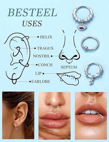Besteel 20 Pcs Septum Rings 16G Hypoallergenic Surgical Steel Hinged Clicker Nose Rings Hoops for Women Men Cute CZ Dangle Horseshoe Lip Helix Tragus Daith Cartilage Piercing Jewelry 10MM in Kuwait