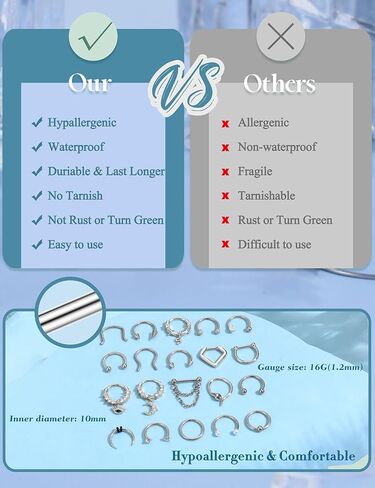 Besteel 20 Pcs Septum Rings 16G Hypoallergenic Surgical Steel Hinged Clicker Nose Rings Hoops for Women Men Cute CZ Dangle Horseshoe Lip Helix Tragus Daith Cartilage Piercing Jewelry 10MM in Kuwait