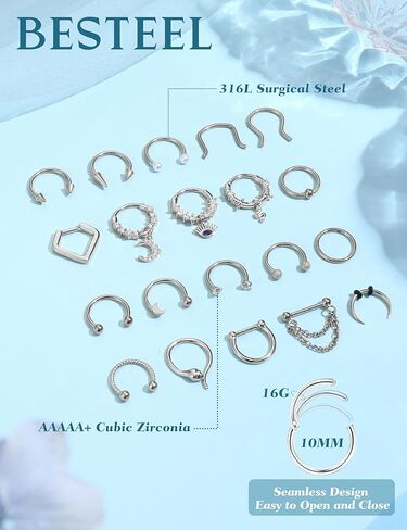 Besteel 20 Pcs Septum Rings 16G Hypoallergenic Surgical Steel Hinged Clicker Nose Rings Hoops for Women Men Cute CZ Dangle Horseshoe Lip Helix Tragus Daith Cartilage Piercing Jewelry 10MM in Kuwait