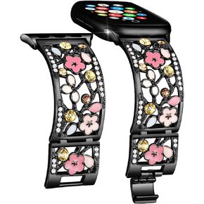 Floral Bracelet Compatible with Apple Watch Band 38mm 40mm 41mm iWatch Bands Series 9 8 7 6 SE,Bling Crystal Hollow Metal Cuff Cute Strap,Women Dressy Jewelry Bangle Wristband(38/40/41mm Black)
