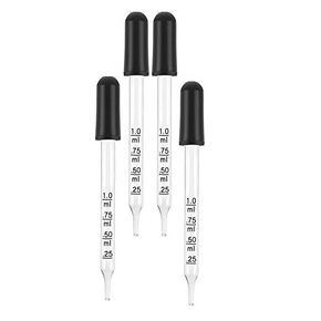 Set of 4 pcs Glass Dropper (1ml), with Black Suction Bulb, Medicine Eye Droppers Graduated 4" Straight Tip for Essential Oils, Science Laboratory Medicine Art Liquid Plant Nutrients