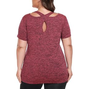 FOREYOND Plus Size Workout Tops for Woman Short Sleeve Round Neck Criss Cross Back Yoga Shirt Workout Clothes