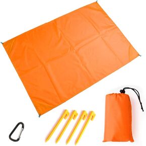 Beach Blanket, Outdoor Picnic Blanket Compact Pocket Waterproof Ground Cover Sand Proof Crawling Mat 78" x 55" with Carabiner Tent Pegs for Travel, Hiking, Camping, Festival and Sports（Orange）