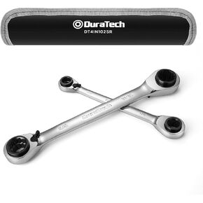 DURATECH 4-in-1 Reversible Ratcheting Box Wrench Set, Double Box End, Metric, 2-Piece, 8, 10, 12, 13 & 14, 15, 17, 19 mm, CR-V Steel, Matte Chrome Plated, with Rolling Pouch