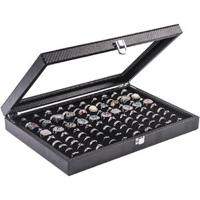 Ring Organizer for Jewelry,100 Slots Carbon Fiber Rings Display Case,Ring Storage Box Showcase with Glass Lid,Black