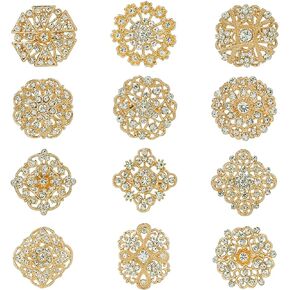Lot 12pcs Assorted Crystal Rhinestone Flower Brooch Pin Set for Women DIY Bridal Wedding Bouquet Kit