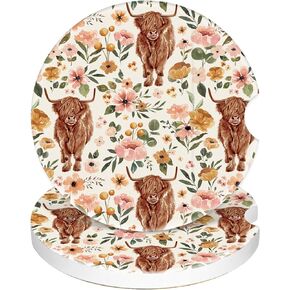 AnyDesign 2Pcs Boho Floral Highland Cow Ceramic Car Coaster with Finger Notch Rustic Farmhouse Car Cup Holder Coasters with Anti-Slip Cork Base Absorbent Drink Coaster for Auto Accessories, 2.6 Inch