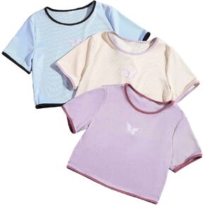 OYOANGLE Girl's 3 Pack Cute Butterfly Print Short Sleeve T-Shirts Ribbed Knit Summer Crop Tee Tops in Saudi Arabia